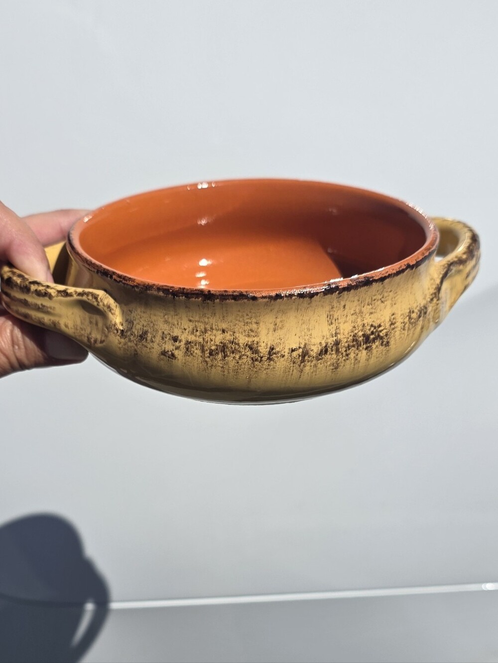 Vintage Italian Terracotta Double Handle Casserole Bowl Yellow Orange Made Italy